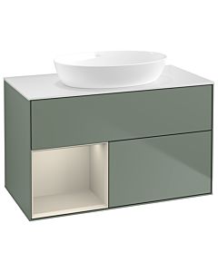 Villeroy und Boch Finion Waschtischunterschrank GA11HHGM 100cm, Abdeckplatte white matt, Emotion, Regale sand matt lacquer, Olive Matt Lacquer