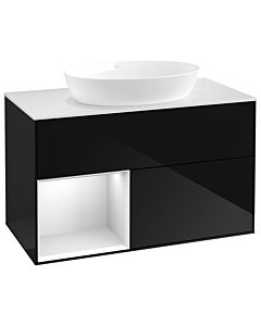 Villeroy und Boch Finion Waschtischunterschrank GA11MTPH 100cm, Abdeckplatte white matt, Emotion, Regale White matt lacquer, Glossy Black Lacquer