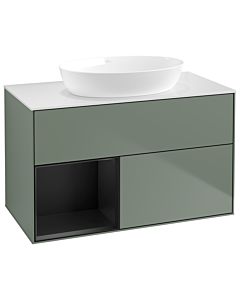 Villeroy und Boch Finion Waschtischunterschrank GA11PDGM 100cm, Abdeckplatte white matt, Emotion, Regale Black matt lacquer, Olive Matt Lacquer