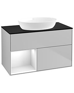 Villeroy und Boch Finion Waschtischunterschrank GA12GFGJ 100cm, Abdeckplatte black matt, Emotion, Regale Glossy white lacquer, Light grey matt