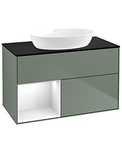 Villeroy und Boch Finion Waschtischunterschrank GA12GFGM 100cm, Abdeckplatte black matt, Emotion, Regale Glossy white lacquer, Olive Matt Lacquer