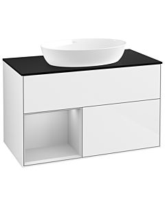 Villeroy und Boch Finion Waschtischunterschrank GA12GJGF 100cm, Abdeckplatte black matt, Emotion, Regale Light grey matt lacquer, Glossy white lacquer