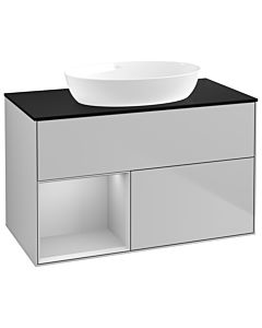 Villeroy und Boch Finion Waschtischunterschrank GA12GJGJ 100cm, Abdeckplatte black matt, Emotion, Regale Light grey matt lacquer, Light grey matt