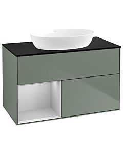 Villeroy und Boch Finion Waschtischunterschrank GA12GJGM 100cm, Abdeckplatte black matt, Emotion, Regale Light grey matt lacquer, Olive Matt Lacquer