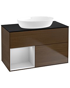 Villeroy und Boch Finion Waschtischunterschrank GA12GJGN 100cm, Abdeckplatte black matt, Emotion, Regale Light grey matt lacquer, Walnut veneer