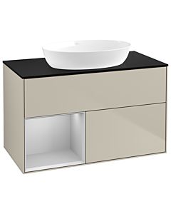 Villeroy und Boch Finion Waschtischunterschrank GA12GJHH 100cm, Abdeckplatte black matt, Emotion, Regale Light grey matt lacquer, Sand Matt Lacquer