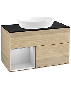 Villeroy und Boch Finion Waschtischunterschrank GA12GJPC 100cm, Abdeckplatte black matt, Emotion, Regale Light grey matt lacquer, Oak Veneer