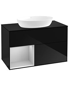 Villeroy und Boch Finion GA12GJPH 100cm, plaque de recouvrement noir mat, Emotion, étagères Laque gris clair mat, Glossy Black Lacquer