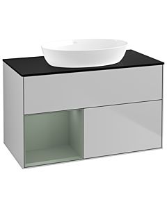 Villeroy und Boch Finion Waschtischunterschrank GA12GMGJ 100cm, Abdeckplatte black matt, Emotion, Regale Olive matt lacquer, Light grey matt