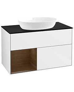 Villeroy und Boch Finion Waschtischunterschrank GA12GNGF 100cm, Abdeckplatte black matt, Emotion, Regale Walnut Veneer, Glossy white lacquer