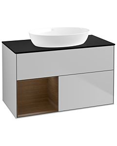 Villeroy und Boch Finion Waschtischunterschrank GA12GNGJ 100cm, Abdeckplatte black matt, Emotion, Regale Walnut Veneer, Light grey matt