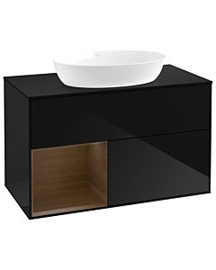 Villeroy und Boch Finion Waschtischunterschrank GA12GNPH 100cm, Abdeckplatte black matt, Emotion, Regale Walnut Veneer, Glossy Black Lacquer