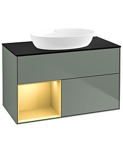 Villeroy und Boch Finion Waschtischunterschrank GA12HFGM 100cm, Abdeckplatte black matt, Emotion, Regale Gold matt lacquer, Olive Matt Lacquer