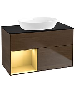 Villeroy und Boch Finion Waschtischunterschrank GA12HFGN 100cm, Abdeckplatte black matt, Emotion, Regale Gold matt lacquer, Walnut veneer
