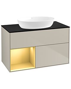 Villeroy und Boch Finion Villeroy und Boch GA12HFHH 100cm, plaque de recouvrement noir mat, Emotion, étagères laqué mat or, Sand Matt Lacquer