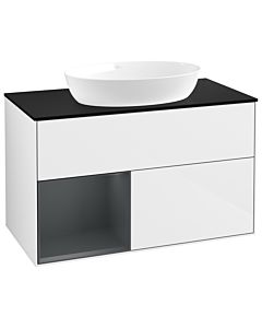 Villeroy und Boch Finion Waschtischunterschrank GA12HGGF 100cm, Abdeckplatte black matt, Emotion, Regale Midnight matt lacquer, Glossy white lacquer