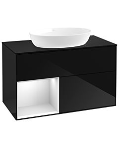 Villeroy und Boch Finion Waschtischunterschrank GA12MTPH 100cm, Abdeckplatte black matt, Emotion, Regale White matt lacquer, Glossy Black Lacquer