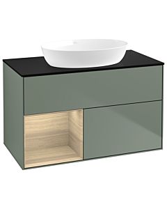 Villeroy und Boch Finion Waschtischunterschrank GA12PCGM 100cm, Abdeckplatte black matt, Emotion, Regale Oak Veneer, Olive Matt Lacquer