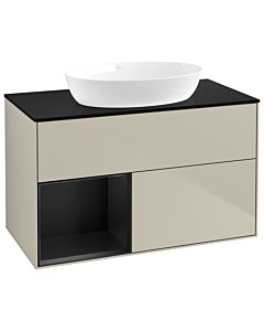 Villeroy und Boch Finion GA12PDHH 100cm, plaque de recouvrement noire mate, Emotion, étagères Sand Matt Lacquer noir mat, Sand Matt Lacquer