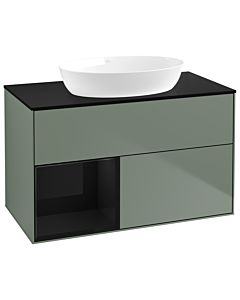 Villeroy und Boch Finion GA12PHGM 100cm, plaque de recouvrement noire mate, Emotion, étagères en laque noire brillante, Olive Matt Lacquer