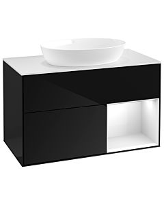 Villeroy und Boch Finion Waschtischunterschrank GA21GFPH 100cm, Abdeckplatte white matt, Emotion, Regale Glossy white lacquer, Glossy Black Lacquer