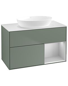 Villeroy und Boch Finion Waschtischunterschrank GA21GJGM 100cm, Abdeckplatte white matt, Emotion, Regale Light grey matt lacquer, Olive Matt Lacquer