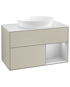 Villeroy und Boch Finion GA21GJHH 100cm, plaque de recouvrement blanc mat, Emotion, étagères laqué gris clair mat, Sand Matt Lacquer