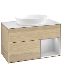 Villeroy und Boch Finion Waschtischunterschrank GA21GJPC 100cm, Abdeckplatte white matt, Emotion, Regale Light grey matt lacquer, Oak Veneer