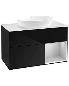 Villeroy und Boch Finion Waschtischunterschrank GA21GJPH 100cm, Abdeckplatte white matt, Emotion, Regale Light grey matt lacquer, Glossy Black Lacquer