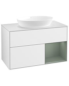 Villeroy und Boch Finion Waschtischunterschrank GA21GMGF 100cm, Abdeckplatte white matt, Emotion, Regale Olive matt lacquer, Glossy white lacquer