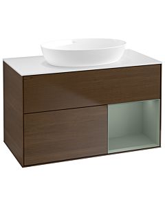 Villeroy und Boch Finion Waschtischunterschrank GA21GMGN 100cm, Abdeckplatte white matt, Emotion, Regale Olive matt lacquer, Walnut veneer