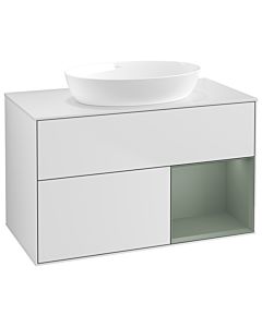 Villeroy und Boch Finion Waschtischunterschrank GA21GMMT 100cm, Abdeckplatte white matt, Emotion, Regale Olive matt lacquer, White matt lacquer