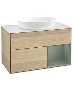 Villeroy und Boch Finion Waschtischunterschrank GA21GMPC 100cm, Abdeckplatte white matt, Emotion, Regale Olive matt lacquer, Oak Veneer