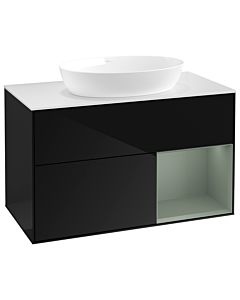 Villeroy und Boch Finion GA21GMPH 100cm, plaque de recouvrement blanc mat, Emotion, étagères laqué olive mat, Glossy Black Lacquer