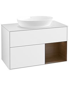 Villeroy und Boch Finion Waschtischunterschrank GA21GNGF 100cm, Abdeckplatte white matt, Emotion, Regale Walnut Veneer, Glossy white lacquer