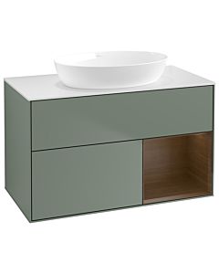 Villeroy und Boch Finion Waschtischunterschrank GA21GNGM 100cm, Abdeckplatte white matt, Emotion, Regale Walnut Veneer, Olive Matt Lacquer