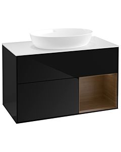 Villeroy und Boch Finion Waschtischunterschrank GA21GNPH 100cm, Abdeckplatte white matt, Emotion, Regale Walnut Veneer, Glossy Black Lacquer