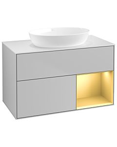 Villeroy und Boch Finion Villeroy und Boch GA21HFGJ 100cm, plaque de recouvrement blanc mat, Emotion, étagères laqué or mat, gris clair mat