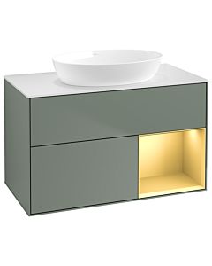 Villeroy und Boch Finion Villeroy und Boch GA21HFGM 100cm, plaque de recouvrement blanc mat, Emotion, étagères laqué mat or, Olive Matt Lacquer