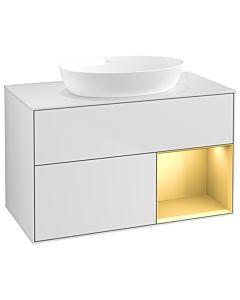 Villeroy und Boch Finion Villeroy und Boch GA21HFMT 100cm, plaque de recouvrement blanc mat, Emotion, étagères laqué or mat, laqué blanc mat