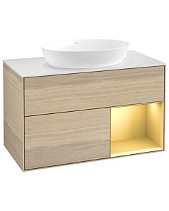 Villeroy und Boch Finion Villeroy und Boch GA21HFPC 100cm, plaque de recouvrement blanc mat, Emotion, étagères laqué mat or, Oak Veneer