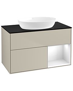 Villeroy und Boch Finion Waschtischunterschrank GA22GFHH 100cm, Abdeckplatte black matt, Emotion, Regale Glossy white lacquer, Sand Matt Lacquer