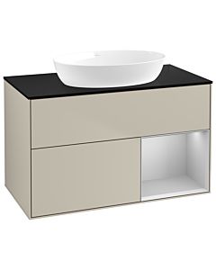 Villeroy und Boch Finion GA22GJHH 100cm, plaque de recouvrement noir mat, Emotion, étagères Laque gris clair mat, Sand Matt Lacquer