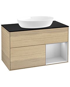Villeroy und Boch Finion Waschtischunterschrank GA22GJPC 100cm, Abdeckplatte black matt, Emotion, Regale Light grey matt lacquer, Oak Veneer