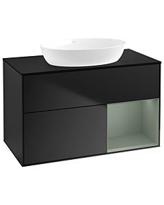 Villeroy und Boch Finion Waschtischunterschrank GA22GMPD 100cm, Abdeckplatte black matt, Emotion, Regale Olive matt lacquer, Black matt lacquer
