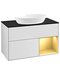 Villeroy und Boch Finion Villeroy und Boch GA22HFMT 100cm, plaque de recouvrement noir mat, Emotion, étagères laqué or mat, laqué blanc mat