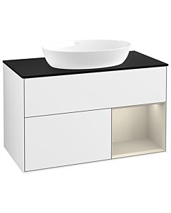 Villeroy und Boch Finion Waschtischunterschrank GA22HHGF 100cm, Abdeckplatte black matt, Emotion, Regale sand matt lacquer, Glossy white lacquer
