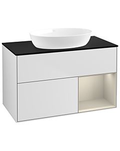 Villeroy und Boch Finion Waschtischunterschrank GA22HHMT 100cm, Abdeckplatte black matt, Emotion, Regale sand matt lacquer, White matt lacquer