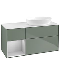 Villeroy und Boch Finion GA41GJGM 120cm, plaque de recouvrement blanc mat, Emotion, étagères laqué gris clair mat, Olive Matt Lacquer