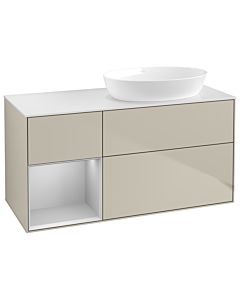 Villeroy und Boch Finion GA41GJHH 120cm, plaque de recouvrement blanc mat, Emotion, étagères laqué gris clair mat, Sand Matt Lacquer